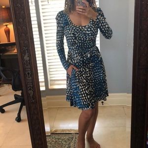 Blue, white, black spotted, long sleeved dress